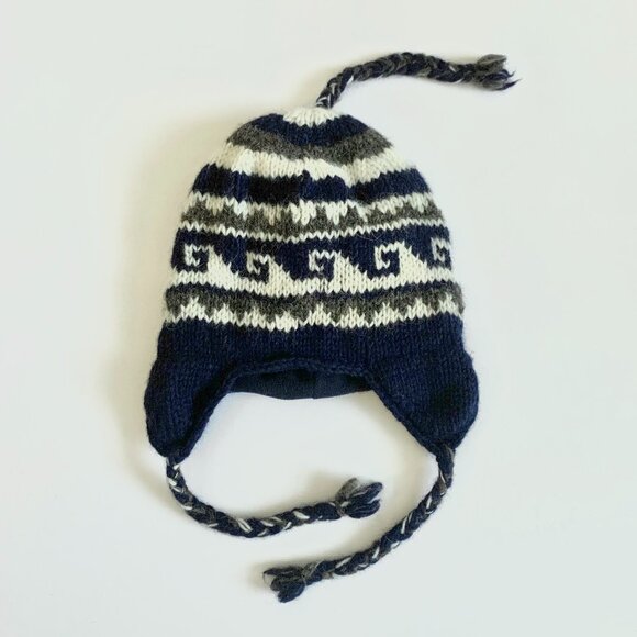 Nepal Wool Knit Winter Hat Toque Ear Flap Navy White Cottage Grandma Fisherman - Picture 3 of 15